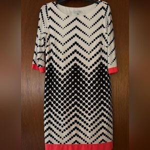 Sandra Darren Black and White Polka  Dot Chevron Dress with Coral  Accents